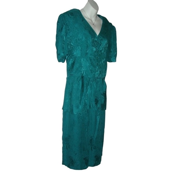 Vintage 80s Jonathan Martin Outfit Turquoise Silk Floral Skirt Suit Dynasty Plus - Picture 2 of 12